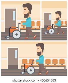 Young hipster man with the beard pushing empty wheelchair on the background of hospital corridor. Vector flat design Illustration. Square, horizontal, vertical layouts.