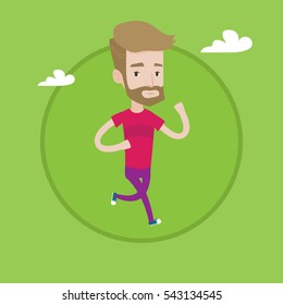 Young hipster man with the beard running. Male runner jogging. Caucasian male athlete running. Sportsman in sportswear running. Vector flat design illustration in the circle isolated on background.