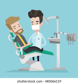 Young hipster man with the beard sitting at the chair at the dental office. Doctor and patient in the dental clinic. Patient on reception at the dentist. Vector flat design illustration. Square layout