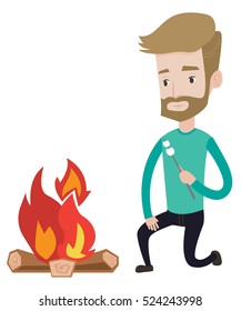 Young hipster man with the beard sitting near campfire. Caucasian man roasting marshmallow over campfire. Tourist relaxing near campfire. Vector flat design illustration isolated on white background.