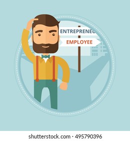 Young hipster man with beard standing at road sign with two career pathways and making decision to become entrepreneur or employee. Vector flat design illustration in the circle isolated on background