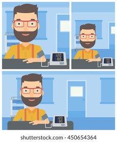 Young hipster man with the beard taking care of his health and checking his blood pressure with digital meter. Vector flat design Illustration. Square, horizontal, vertical layouts.