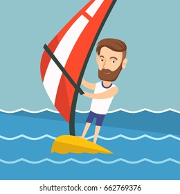 Young hipster man with beard windsurfing in the sea. Caucasian man standing on the board with sail for windsurfing. Windsurfer training on the water. Vector flat design illustration. Square layout.