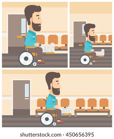 Young hipster man with broken leg in plaster sitting in wheelchair in the hospital corridor. Vector flat design Illustration. Square, horizontal, vertical layouts.