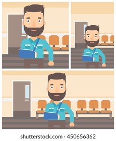 Young hipster man with broken right arm in brace standing in the hospital corridor. Vector flat design Illustration. Square, horizontal, vertical layouts.