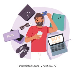Young hipster man buying goods online using credit card and laptop scene. Male cartoon character making digital purchase and secure payment successfully navigating checkout process vector illustration