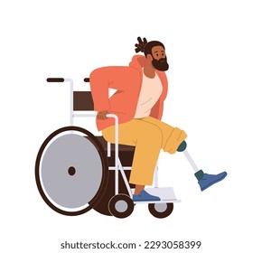 Young hipster man character with leg prosthesis trying to stand up from wheelchair isolated on white