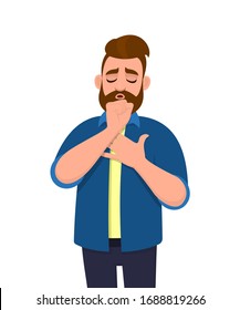 Young hipster man coughing and holding hand on chest. Trendy person suffering with cold and throat pain. Unhealthy male character feeling bad for sickness. Cartoon design illustration in vector style.