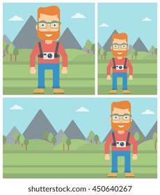 Young hipster man with a digital camera on his chest. Tourist with a digital camera standing on the background of mountains. Vector flat design illustration. Square, horizontal, vertical layouts.