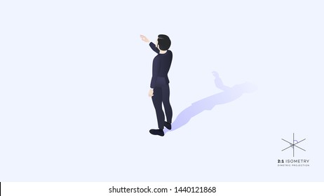 Young hipster man dressed in a business suit, hand pointing forward and upward. High detailed vector isometric illustration with solo businessman.