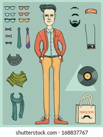 Young hipster man with fashion clothes and elements of style.Vector isolated objects for design