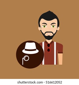 young hipster man fedora hat and mustache vector illustration eps 10