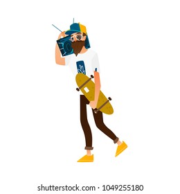 Young hipster man guy with beard and moustache walking with skateboard and boombox, flat cartoon vector illustration isolated on white background. Hipster man with skateboard and boombox, street style