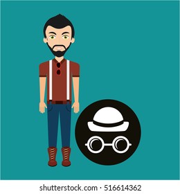 young hipster man hat and glasses retro vector illustration eps 10