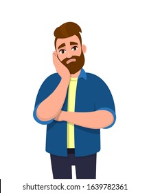 Young Hipster Man Holding Hand On Cheek With Crossed Hand. Bored Or Tired Person Keeping Hand On Face. Teeth Problem Or Dental Illness. Male Suffering From Toothache Concept In Vector Cartoon Style.