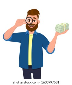 Young hipster man looking through magnifying glass or magnifier and showing cash, money, currency notes. Bearded person holding loupe. Male character design illustration in vector cartoon style.