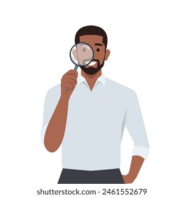 young hipster man looking through magnifying glass. Flat vector illustration isolated on white background