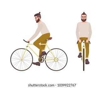 Young hipster man or male cartoon character with trendy hairstyle and beard riding bicycle. Stylish guy pedaling urban bike isolated on white background. Colorful vector illustration in flat style.