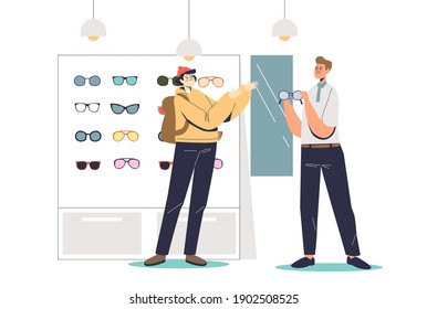 Young hipster man in optics store trying fashionable eyeglasses with male shop assistant. Cartoon guy choosing glasses. Flat vector illustration