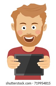 Young hipster man showing a tablet computer