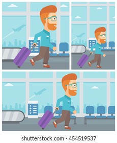 Joven hipster con una maleta caminando en el aeropuerto. Ilustración de diseño plana vectorial. Diseño cuadrado, horizontal, vertical.