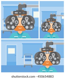 Joven hipster que se somete a un examen ocular mientras visita a un optometrista en la oficina médica. Diseño plano vectorial Ilustración. Diseño cuadrado, horizontal, vertical.