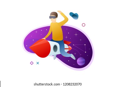 Young hipster man use virtual reality glasses. Businessman flying on the rocket in internet space. Startup project template. Modern style vector illustration for landing page, website and banners.