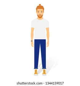 A young hipster man vector flat design illustration isolated on white background. Vertical layout.