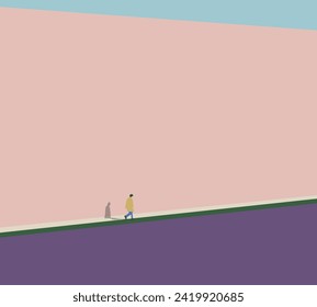 Young hipster man walking on city street against pink wall with modern building background. Minimal tone.
