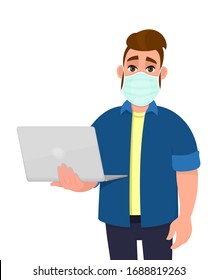 Young hipster man wearing medical mask and holding laptop computer. Trendy person covering face protection from virus disease. Male character design. Modern lifestyle. Cartoon illustration in vector.