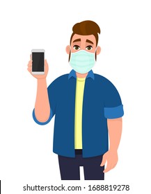 Young hipster man wearing medical mask and showing phone. Trendy person displaying smartphone. Male character covering face protection from virus disease. Cartoon illustration design in vector style.