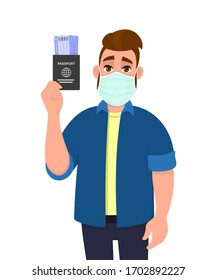 Young hipster man wearing medical mask and showing passport and ticket. Trendy person covering face protection from virus. Modern lifestyle. Male character cartoon illustration design in vector style.