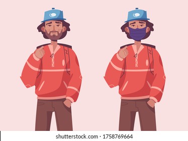 Young hipster man wearing medical protective with and without mask. Vector character illustration of modern isolated person. Fashionable male, lifestyle, pandemic quarantine