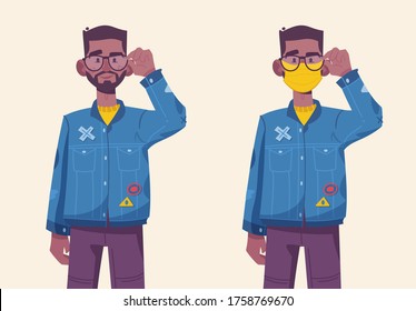 Young hipster man wearing medical protective with and without mask. Vector character illustration of modern isolated person. Fashionable male, lifestyle, pandemic quarantine