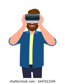 Junge Hipster, die eine Brille mit virtueller Realität tragen. Trendy Person mit VR-Schutzbrille-Headset. Männlich mit digitalem Gang oder Kasten. Moderne Lifestyle-Technologie der Zukunft. Cartoon-Illustration in der Vektorillustration.