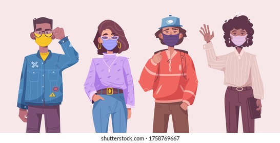 Young hipster man and woman wearing medical protective masks standing together. Vector character illustration of modern couple isolated persons. Fashionable people, lifestyle, pandemic quarantine