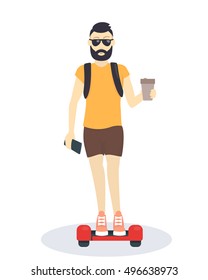 Young hipster on hoverboard, isolated over white, vector illustration