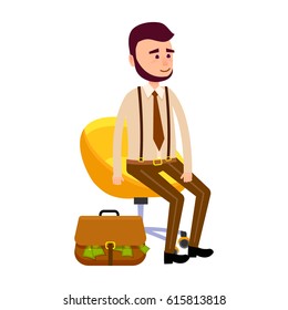 Young hipster sitting on yellow chair on wheels isolated on white. Brown suitcase full of green money lying near comfortable armchair. Vector illustration in cartoon style flat design for web.