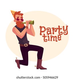 Young hipster in star glasses and cowboy boots standing on one knee and blowing into birthday horn, cartoon vector illustration isolated. Greeting card, poster, banner design for birthday party