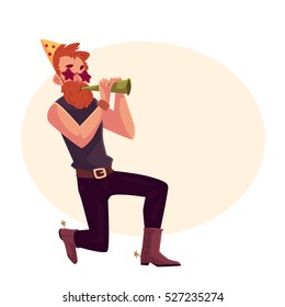 Young hipster in star glasses and cowboy boots standing on one knee and blowing into birthday horn, cartoon vector illustration isolated with space for text. Young red haired man at birthday party