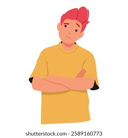 Young hipster teenager cartoon character folding arms crossed on chest looking with expectation and pondering vector illustration. Trendy fashion teen child frowning face feeling doubt making decision