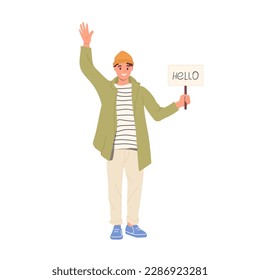 Young hipster teenager man character meeting someone with hello broadsheets waiting for friend