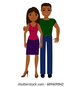 Young Hispanic Couple. Cute Cartoon Man And Woman Standing Together And Smiling. Vector Illustration Of Full Body Detailed Characters In A Flat Style, Isolated On White