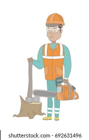 Young hispanic lumberjack holding chainsaw. Lumberjack in workwear and hard hat standing near stump with axe. Lumberjack chopping wood. Vector sketch cartoon illustration isolated on white background.