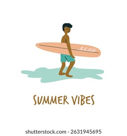 Young hispanic male surfer carrying surfboard on beach illustration.