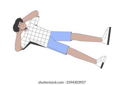 Young hispanic man in checkered tshirt lying on back with hands behind head 2D cartoon character. Carefree latino guy relaxed pose flat vector person isolated on white. Spot illustration colorful