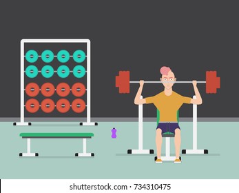 Young hispanic man sitting at bench working out with barbell. Weight muscles training in gym. Sport, fitness, lifestyle and people concept illustration vector.
