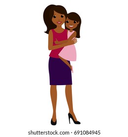 Young hispanic mother with a daughter in her hands. Beautiful mom holds a child. Vector illustration of full body detailed characters in a flat style, isolated on white background. Eps 8