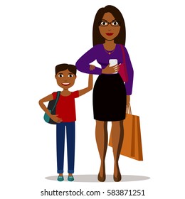 Young Hispanic Mother With A Son. Busy Mom Holds A Child, Bag, Shopping Bags And Phone. Vector Illustration Of Full Body Detailed Characters In A Flat Style, Isolated On White