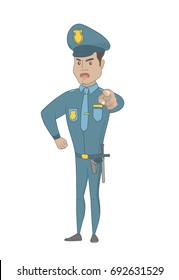 Young hispanic serious police officer in uniform showing on you. Full length of angry police officer pointing at you with a finger. Vector sketch cartoon illustration isolated on white background.